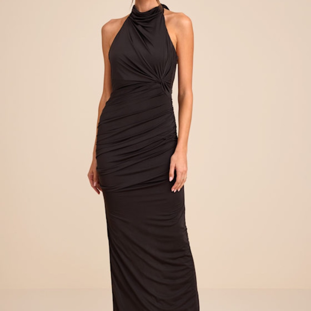 Lulus Seraiah Black Knotted Ruched Halter Maxi Dress - Size M